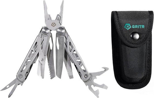 GRITR 13-in-1 Stainless Steel EDC Multitool w/Nylon Sheath - Outdoor Tool w/Needle Nose Pliers, Pocket Knife, Scissors, Bottle Opener, Cutters - Camping Hiking Fishing Survival Gear
