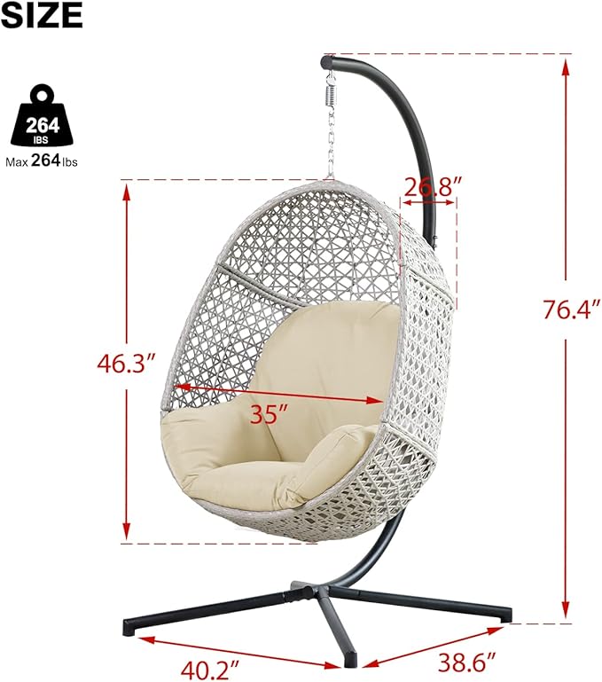 PRIVATE GARDEN Large Hanging Egg Chair with Stand Upgraded Wicker Egg Swing Chair Outdoor Indoor PE Rattan Hanging Chair with Beige Comfort Cushion Heavy Duty C-Stand