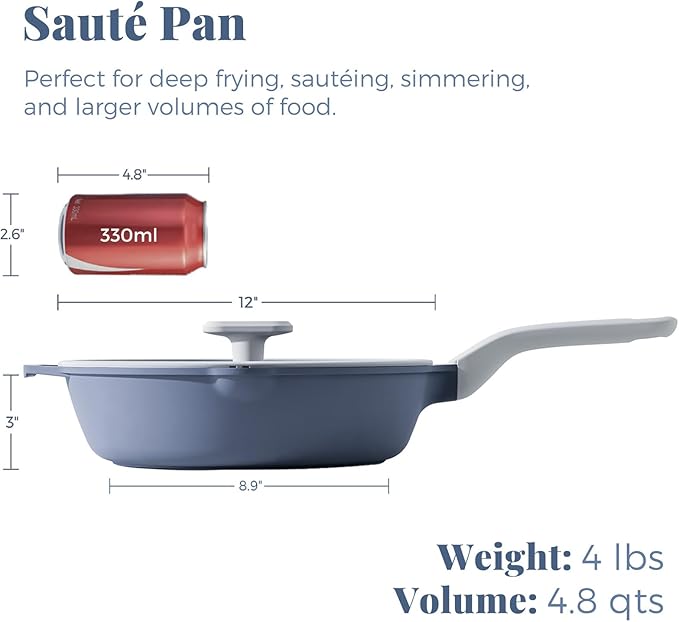 Ceramic Nonstick Deep Saute Pan with Lid, 12 Inch/4.8 QT Non Toxic Pans with Double Pour Spout, Helper Handle and Lid, Metal Utennsil Safe, Dishwasher Safe, (Gray)