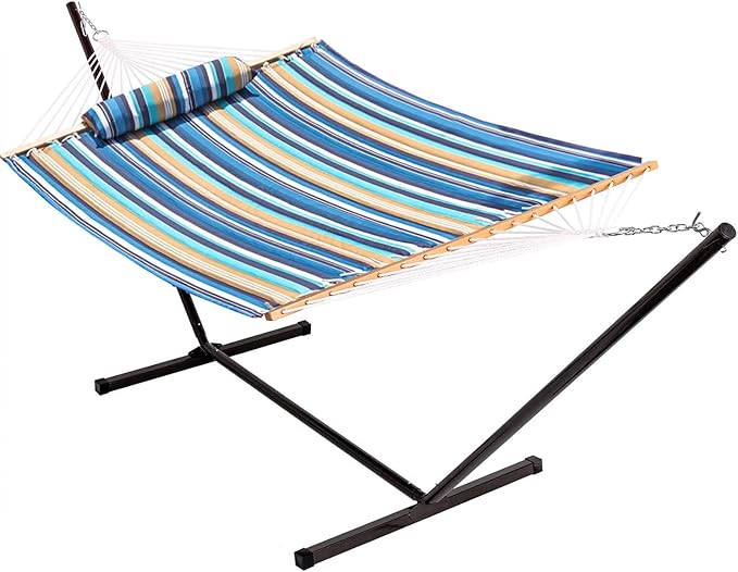 Lazy Daze Quilted Fabric Hammock with 12-Foot Stand, Double 2-Person Hammock with Pillow for Outdoor Outside Patio, Garden, Backyard, 450LB Capacity, Beach