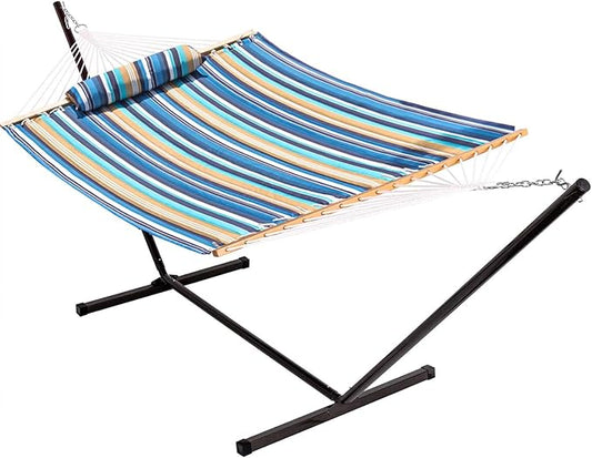 Lazy Daze Quilted Fabric Hammock with 12-Foot Stand, Double 2-Person Hammock with Pillow for Outdoor Outside Patio, Garden, Backyard, 450LB Capacity, Beach