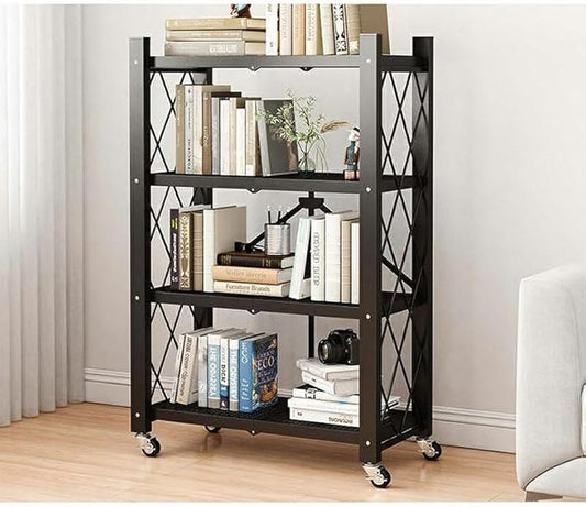 4-Tire Storage Rack, 28 * 13 * 50in Foldable Metal Garage Storage Shelves Organizer, Portable Metal Kitchen Shelving, Closet Shelving Unit Bakers Rack Microwave Stand, Black(Tiered Shelf-4)