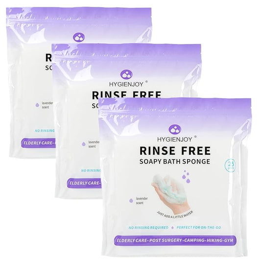 HYGIENJOY-Rinse Free Bath Sponges for Adults-Disposable No Rinse Bathing Wipes, Soap Infused,Extra Thick and Dry Shower Wipes for Elderly,Camping,Post Surgery Must Haves, (Lavender 3 Pack,75 Counts)