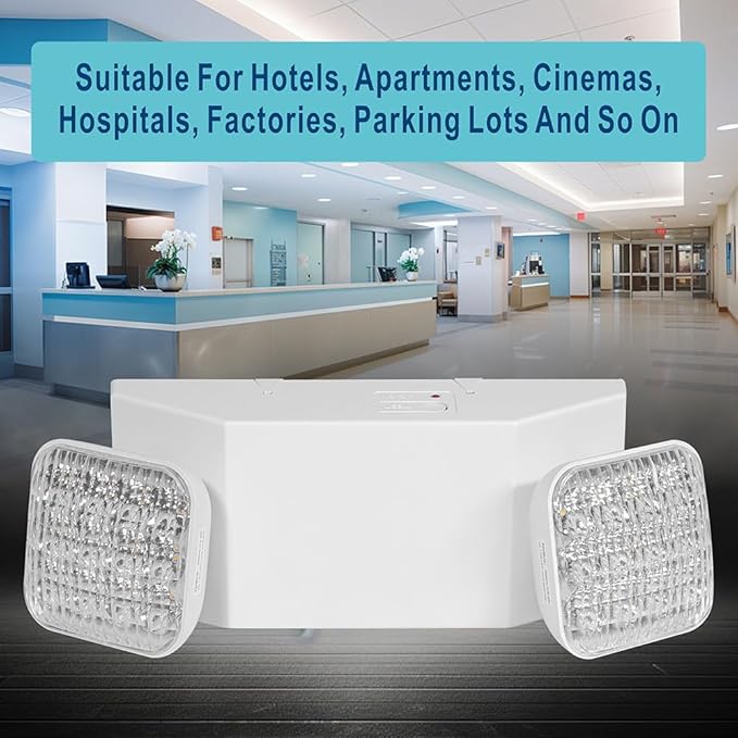 AKT LIGHTING Commercial Emergency Light, UL Certified, White Emergency Light Fixture with 2 LED Square Heads Adjustable & Backup Batteries Exit Lighting Pack of 6