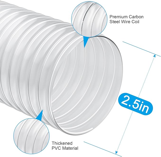 2 1/2" x 50' Heavy PVC Dust Collection Hose,Flexible Clear Debris and Fume Collection Hose with Stainless Steel Hose Clamps for Dust Collectors with 2 1/2" Ports, Ideal for Shop Vacuums