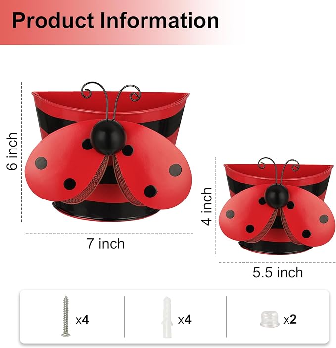BAYN Set of 2 Ladybug Wall Hanging Planter Decor Art, Metal Wall Mounted Planters Garden Yard Decorative Flower Pot Indoor Outdoor Wall Planter Succulent Plant Container