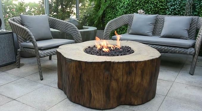 Elementi | Manchester Gas Fire Pit Cast Concrete Semi-Round Fire Table, Outdoor Fire Pit Electronic Ignition | Canvas Cover, Lava Rock Included | Red Wood | Natural Gas