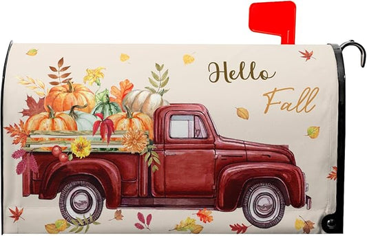 Hello Fall Mailbox Cover Magnetic Autumn Pickup Truck with Pumpkins Letter Box Standard Size 21x18 Inch Happy Harvest Festival Thanksgiving Decorative Waterproof Post Box Covers for Garden Yard