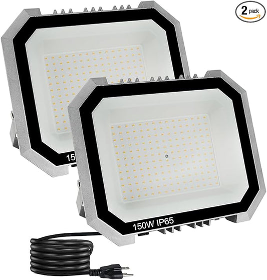 2 Pack LED Flood Lights Outdoor, 150W 15000LM Super Bright Floodlight Outside Work Light with 5.9FT Plug, IP65 Waterproof 6000K Outdoor LED Flood Light for Garage, Yard, Lawn, Garden