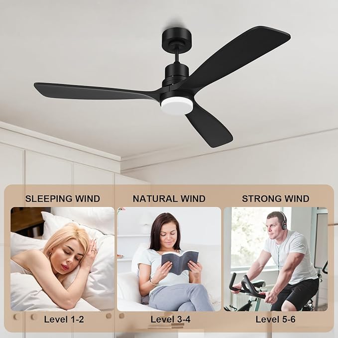 Obabala 52IN Ceiling Fan with Light and Remote Control Indoor Outdoor Ceiling Fan with 3 Blades Wood Reversible Function for Patio, Porch, Bedroom, Living Room (Black)
