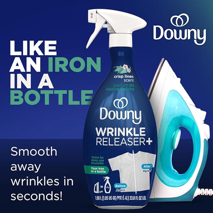 Downy Wrinkle Release Spray, Travel Size Spray, All In One Formula, Removes Wrinkles, Static and Odor Eliminator, Crisp Linen Scent, 3 Fl Oz, Pack of 3