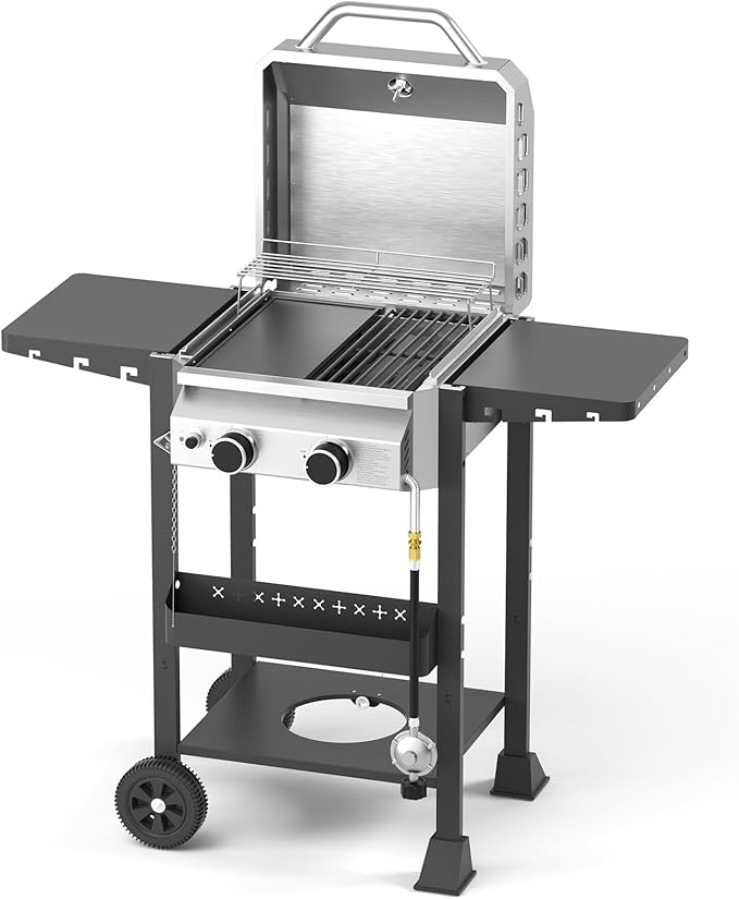 Propane Gas BBQ Grill 2-Burner Barbecue Grills with Cast Iron Frying Pan and Grates Combo, 16000 BTU Output Stainless Steel Grill for Outdoor Cooking, Patio, Backyard Party