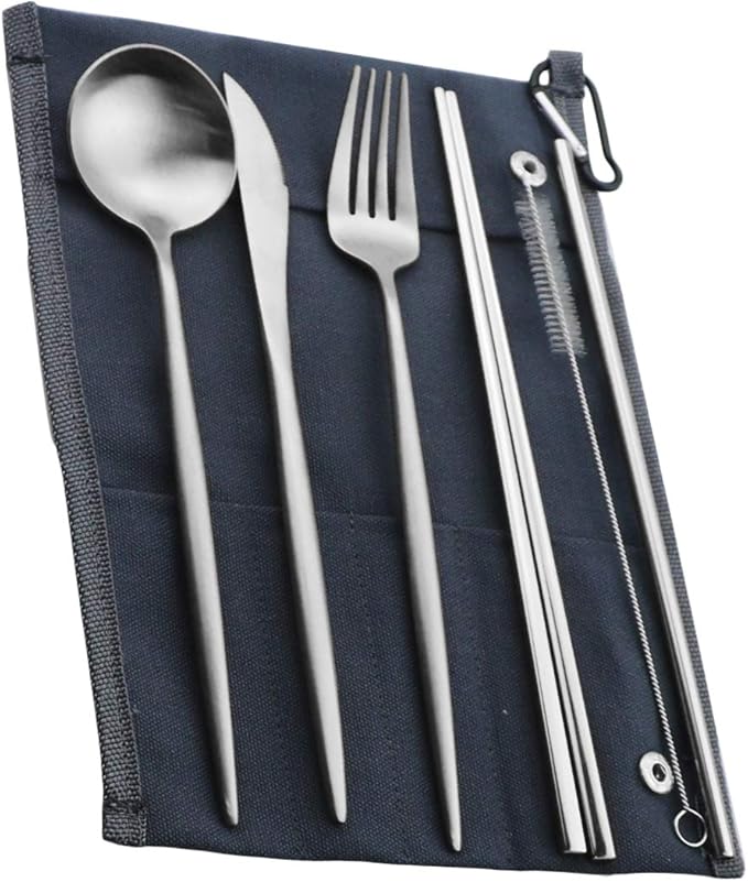 Gugrida Reusable Travel Utensils, 7 Pieces Portable 18/10 Stainless Steel include Knife Fork Spoon Chopsticks Cleaning Brush Straws Portable Pouch, Eco-friendly Camping Silverware Set, Dishwasher Safe