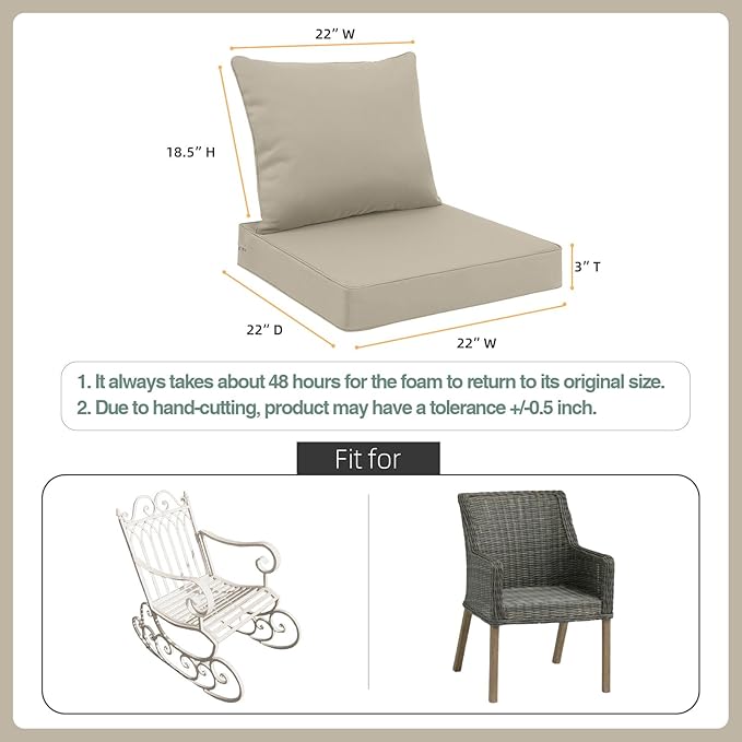 Favoyard Outdoor Seat Cushion Set 22 x 22 Inch Waterproof & Fade Resistant Patio Furniture Cushions with Removable Cover Deep Seat & Back Cushion with Handle and Adjustable Straps for Chair Sofa Couch