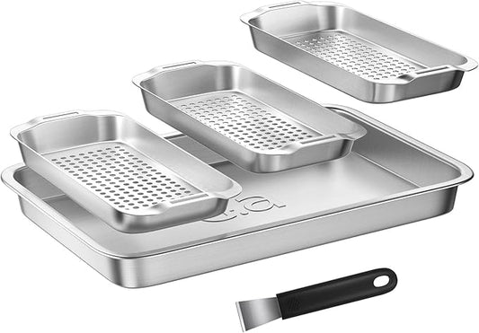 Grill Basket Set - BBQ Grill Tray with 3-Piece Grill Basket & Universal Handle, Heavy-Duty Stainless Steel, Dishwasher Safe, Rust-Resistant for Outdoor Cooking, Camping, Picnic, Gas, Charcoal Grills