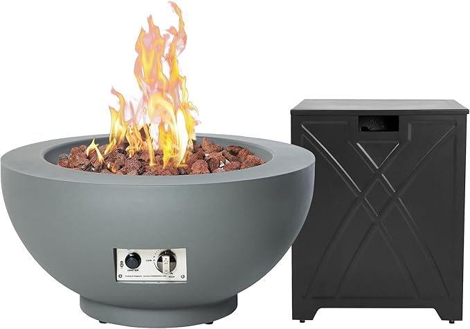 28-Inch Gas Fire Pit with Propane Tank Cover, 50,000 BTU Round Propane Fire Pit Table, Patio Fireplace Fire Bowl Firepit with Lid, Lava Rocks, Cover, Pre-Attached 10FT Propane Hose, Gray