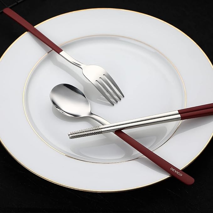 DEVICO Travel Utensils, 18/8 Stainless Steel 4pcs Cutlery Set Portable Camp Reusable Flatware Silverware, Include Fork Spoon Chopsticks with Case (Red)