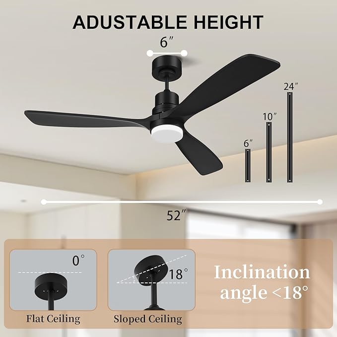 Obabala 52IN Ceiling Fan with Light and Remote Control Indoor Outdoor Ceiling Fan with 3 Blades Wood Reversible Function for Patio, Porch, Bedroom, Living Room (Black)