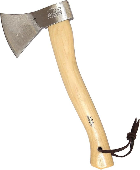 Prandi Axes German Style C45 Forged Carbon Steel Hatchet - Hickory Handle with Leather String - Lightweight Axe for Camping, Chopping, and Cutting - S/N 3.003.06.CH - 14.17" L x 5.90" W, No Sheath