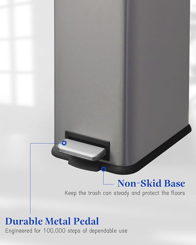 12 Gallon Slim Kitchen Trash Can, Stainless Steel Trash Can with Removal Inner Bucket and Soft-Close Lid, Pedal Garbage Can 45 Liter, Grey