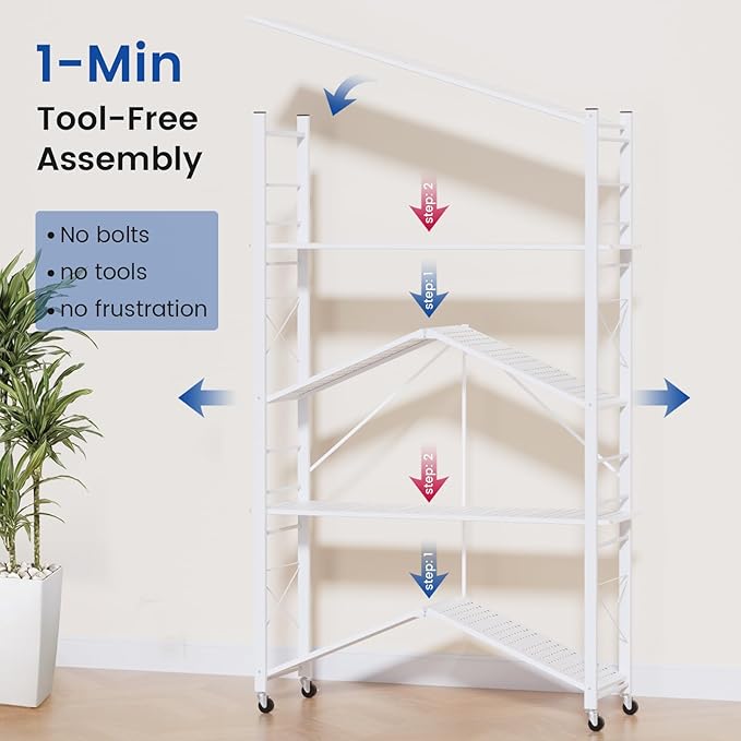 ALANNG 39.4" Wide Folding Storage Shelves with Wheels, Adjustable Metal Shelving Unit, Standing Shelf Organizer for Closet Kitchen Garage Laundry Pantry (White,1 Pack)