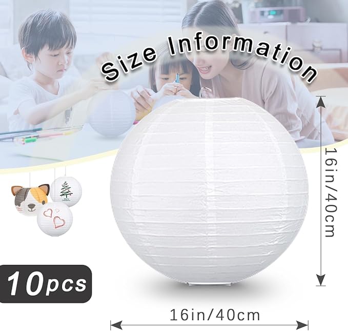 10Pcs 16 Inch Round Paper Lanterns for Home Decor, Restaurant, Church, Wedding, Birthday Party Decorations, Hanging Chinese Japanese Paper Lantern Lamps (White)