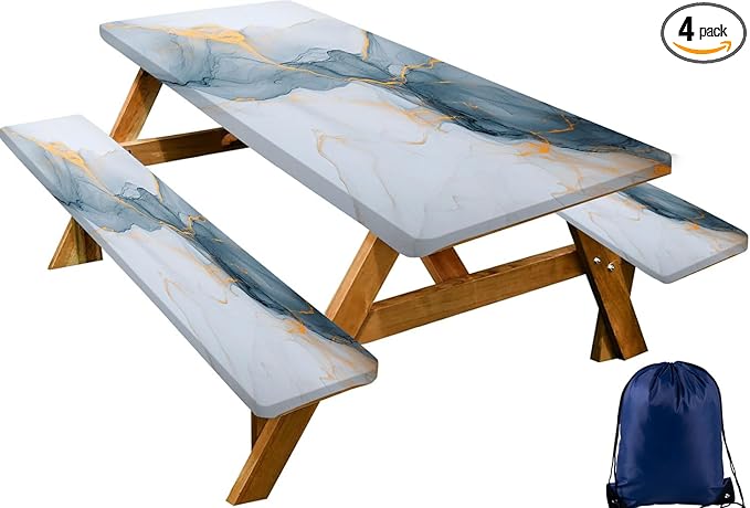 CAPSCEOLL Picnic Table Cover with Bench Covers 8Ft Waterproof Camping Tablecloth All-Weather Outdoor Table Protector with Drawstring Bag for Camping Essentials, 96X30In, Grey White