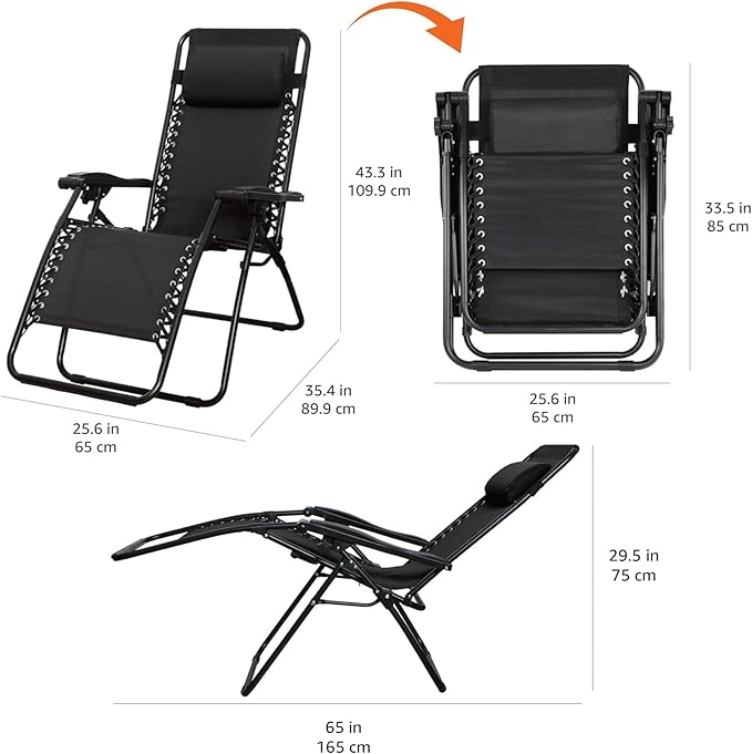 Amazon Basics Outdoor Patio Zero Gravity Lounge Chair with Pillow, Folding Reclining and Textilene Adjustable, Folding Lounge Lawn Chairs for Outside, 26", Black