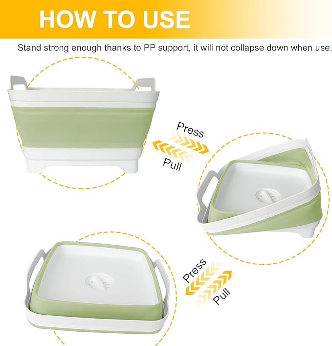 Collapsible Dish Tub 9L-Collapsible Basin Bucket Portable Sink-Outdoor Multiuse Foldable Sink Tub Wash Dish Basin for Kitchen Basin RV Camping (Green)