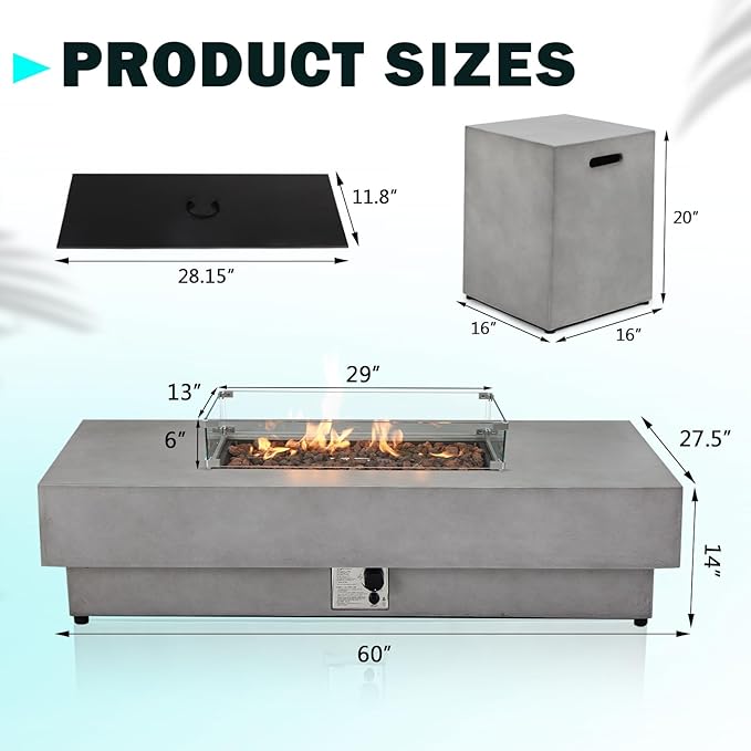 60" Rectangular Propane Fire Pit – 3-Piece 50,000 BTU Concrete Fire Pit with Glass Wind Guard and Tank Cover Table – Outdoor Firepits – Gas Fireplace for Deck or Patio