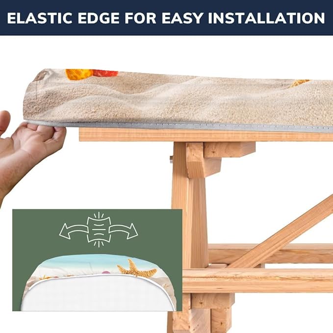 CAPSCEOLL Elastic Picnic Table Cover with Bench Covers 5Ft Waterproof Fitted Picnic Table Cover Cloths for Outdoors Camping Tablecloth with Drawstring Bag, 60X30in, Sea Beach