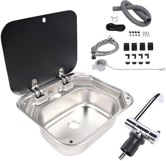 Cafe Bar Kitchen RV Sink with Folding Faucet A and Lid, Stainless Steel Single Bowl Hand Wash Basin Drop In Sink with Cover for Bar Caravan Van RV Camper Motor Home Trailer Accessories