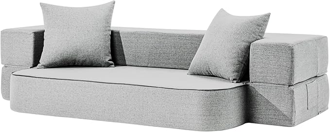 2-in-1 Folding Sofa Bed with Pillows - Folding Chair Floor Couch & Sleeping Mattress - Washable Cover & Memory Foam Sleeper Chair for Living Room/Guest Room/Apartment/Loft, Light Gray, Twin