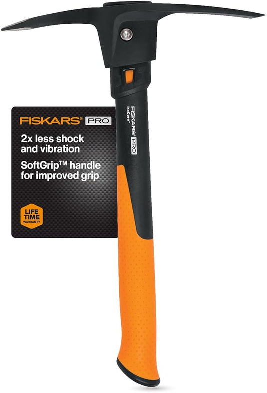 Fiskars IsoCore Pickaxe Mattock with Shock-Absorbing Handle, Dual-Head Tool for Roots & Rocks, 1.5 lb