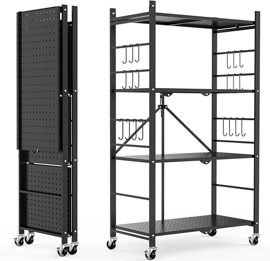 Himix Storage Shelves with 20 Hooks, 4-Tier Foldable Shelves for Storage, Folding Shelf Unit Pantry Shelves with Wheels, Metal Shelving Storage Rack Shelf for Kitchen Garage Home, Black - No Assembly
