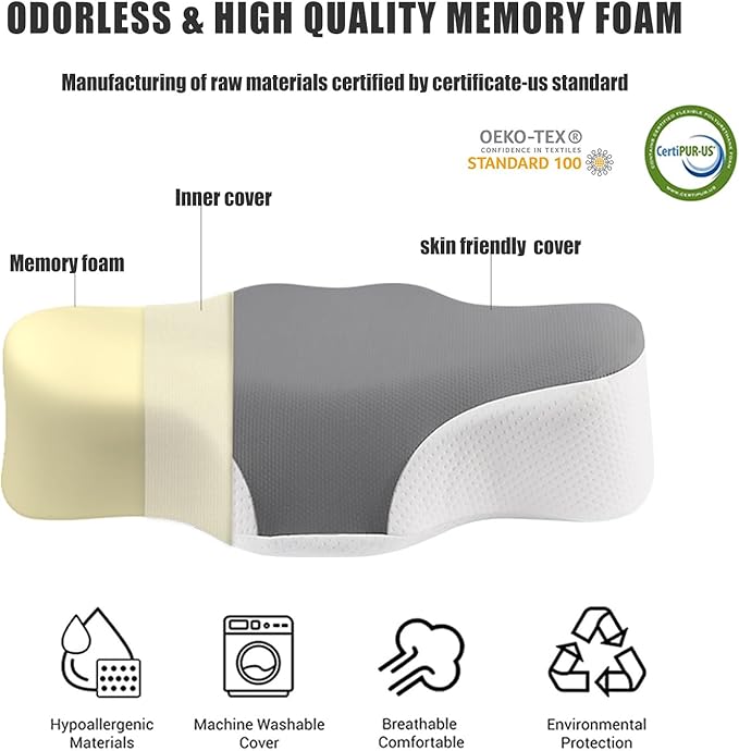 Bespilow Travel Pillow for Sleeping,Cervical Neck Support Pillow for Neck Pain Relief,Lightweight Ergonomic Memory Foam Camping Pillow,Portable Contour Pillows w/Travel Storage Bag,Cooling Cover