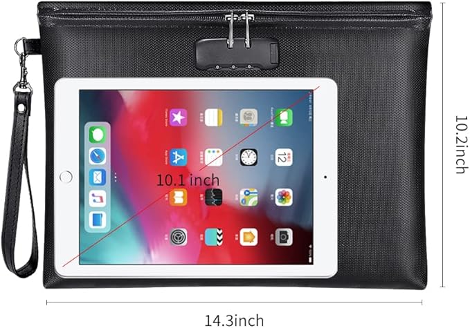 Fireproof Document Bag with Lock, ZOOPIP 14.3"x10.2" Fireproof and Waterproof Money Bag with Zipper Closure, Storage Pouch for A4 Letter Size Document, Cash, Cell Phone, Tablet, Credit Card,Passport
