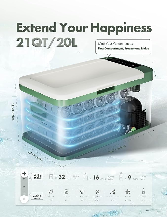 A-Premium 12 Volt Refrigerator 21QT/20.1L Portable Car Fridge Cooler, -4°F~68°F Portable Freezer Fast Cooling with 12/24V DC & 110/240V AC for Home Party Camping RV Roadtrips Truck Outdoor Use