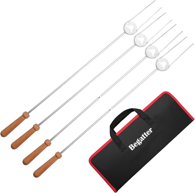Heavy Duty Hot Dog Roasting Sticks for Campfire, Extendable Marshmallow Sticks for Fire Pit, 32" Long Smores Sticks, Stainless Steel Skewers for Hotdogs and Smores, Beech Wood Handle, 4 Pack