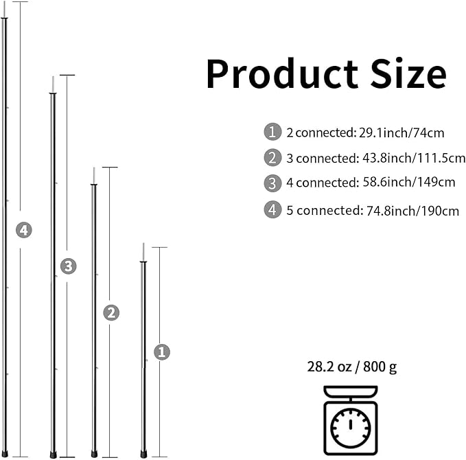 KOMCLUB Telescoping Tent Poles Adjustable Tarp Poles Camping Stainless Steel Lightweight Tent Poles for Trap Sun Sails Canopy Awning Shelter Backpacking Hiking 78 in Set of 2