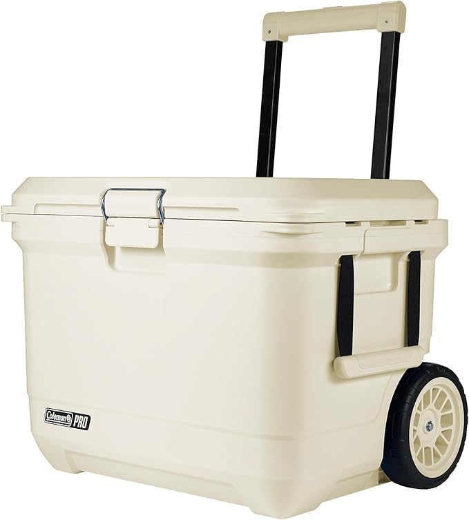 Coleman Pro Heavy-Duty, Desert Sand, 55qt Wheeled Ultra-Light Premium Hard Cooler, Extra-Thick Insulation Keeps Ice up to 5 Days, 92-Can Capacity, Heavy-Duty Wheels