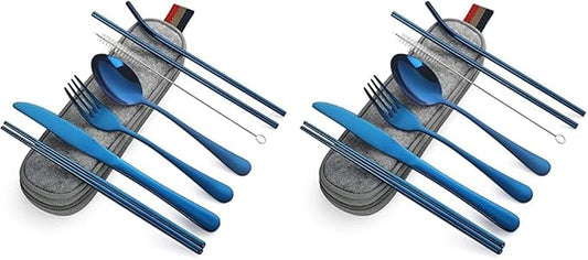 DEVICO Portable Utensils, Travel Camping Cutlery Set, 8-Piece including Knife Fork Spoon Chopsticks Cleaning Brush Straws Portable Case, Stainless Steel Flatware set (Blue) (Pack of 2)
