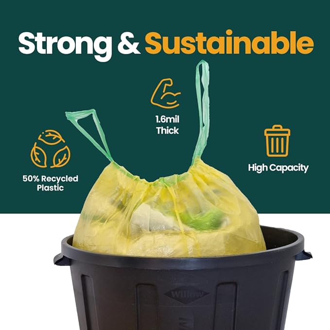 13 Gallon Trash Bags with Drawstrings, 80 Bags Made from 50% Recycled Plastic, Code K Leakproof and Tear-Resistant, Tall Kitchen Garbage Bags for Home and Office