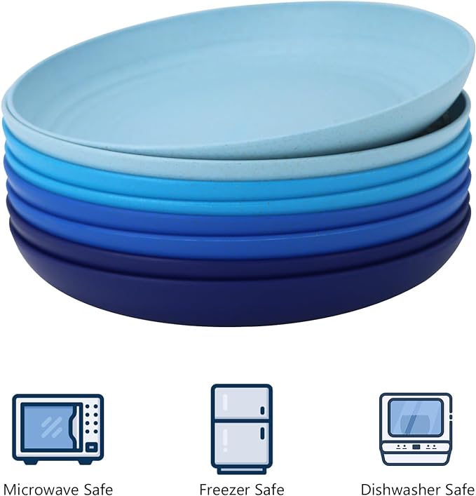 Homienly Deep Dinner Plates Set of 8 - Alternative to Plastic - Microwave & Dishwasher Safe - Unbreakable Kids Plates with 4 Colors (Blue Series, 9 inch)
