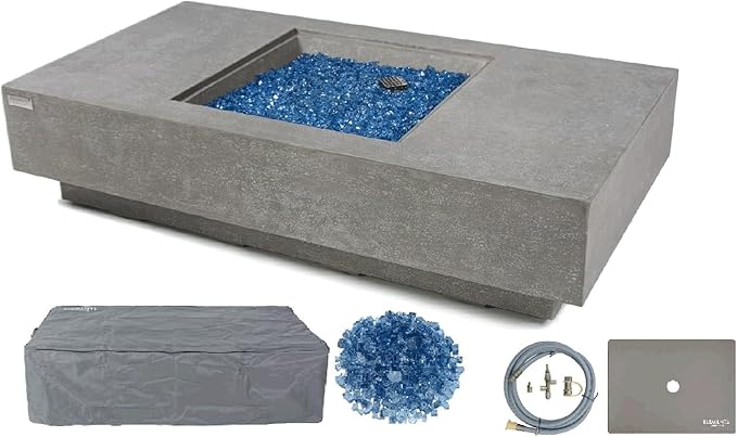 Elementi+ | Monte Carlo Gas Fire Pit Cast Concrete 60" Rectangular Fire Table, Outdoor Fire Pit Electronic Ignition | Canvas Cover, Fire Glass and Burner Lid Included | Light Gray | Natural Gas