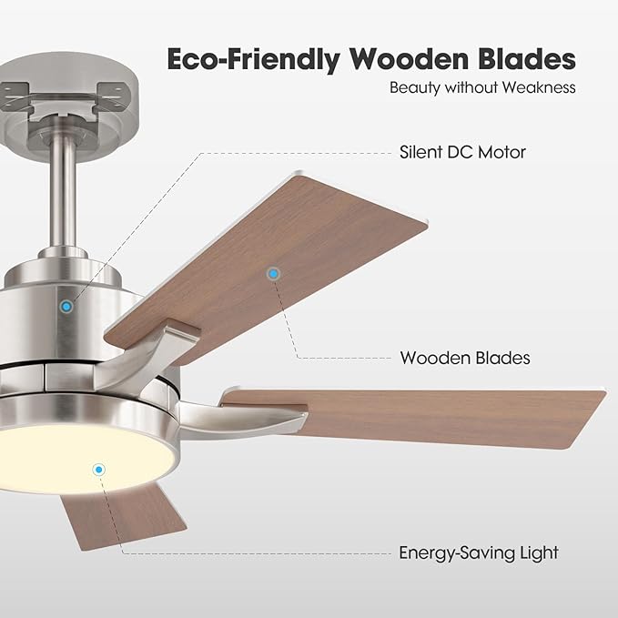 Ceiling Fan with Light, 42" Modern Low Profile Ceiling Fan with Light, DC Reversible Motor, Smart APP & Remote Control, Whisper Quiet, Dimmable LED for Bedroom/Living Room