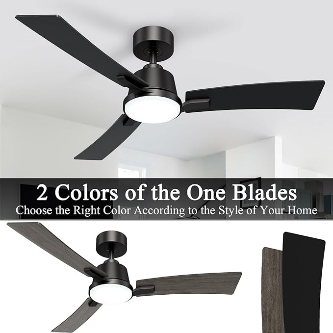 52 Inch Ceiling Fans with Lights,Low Profile Ceiling Fan,Modern Flush Mount,Reversible 6 Speeds,3CCT Dimmable Noiseless Black Ceiling Fans for Living Room,Bedroom and Patio,ETL Listed