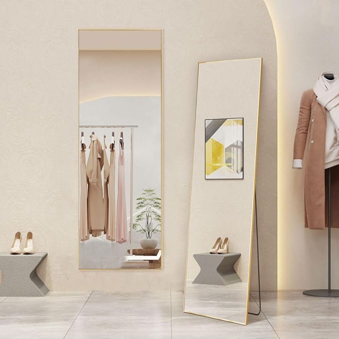 Full Length Mirror, 59"x 16" Floor Mirror with Aluminum Alloy Thin Frame, Full Body Mirror Hanging or Leaning for Wall Bedroom Dressing Home Decor, Gold