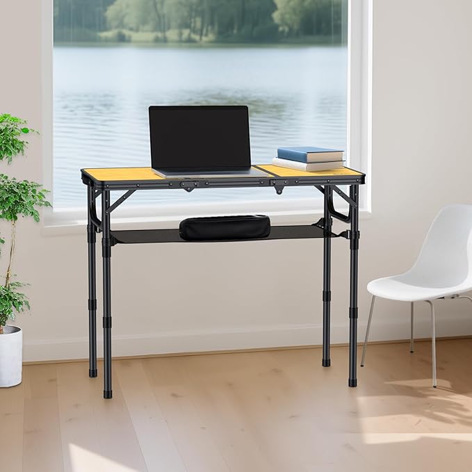 3ft Camping Table Foldable with Storage Net and Bag, 3 Adjustable Heights High 27.5" Aluminum Camping Table, Portable, for Outdoor Indoor Backyard BBQ Cooking Party Picnic Beach, Yellow