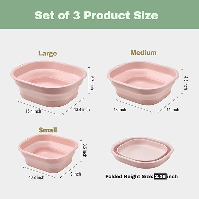 Collapsible Wash Basin Set of 3, Foldable Large Medium Small Wash Basins, Portable Plastic Basins for Laundry, Bottles, Travel, Camping (Pink)